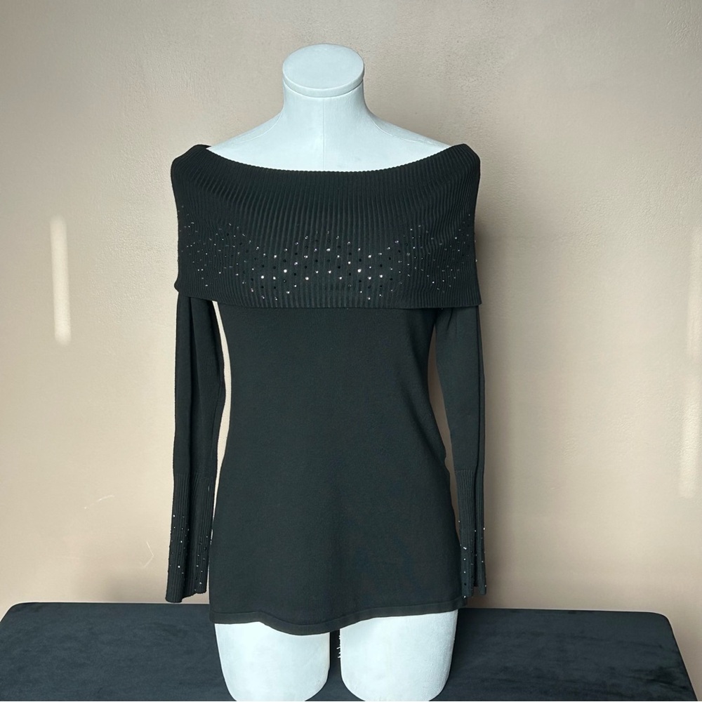 Elegant Black Off-the-Shoulder Sweater with Textured Knit